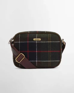 Cross bag Culross Barbour in tartan di misto lana verde e blu e tracolla in tessuto marrone