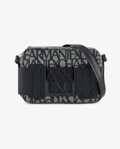 Cross bag nera a motivo logo beige in similpelle con maxi fibbia logo in metallo a specchio tono su tono