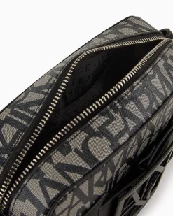 Cross bag nera a motivo logo beige in similpelle con maxi fibbia logo in metallo a specchio tono su tono