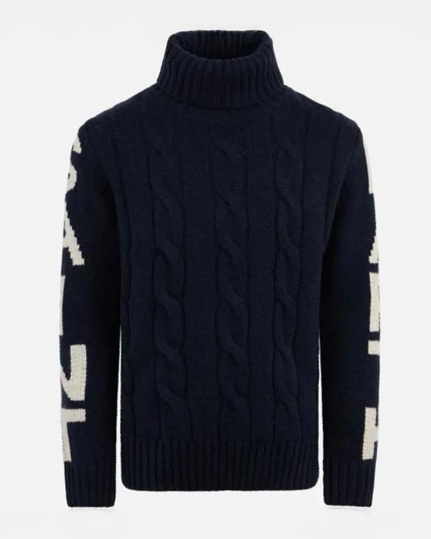 Dolcevita MC2 Saint Barth blu in misto lana e cashmere a trecce con maxi scritta logo sulle maniche