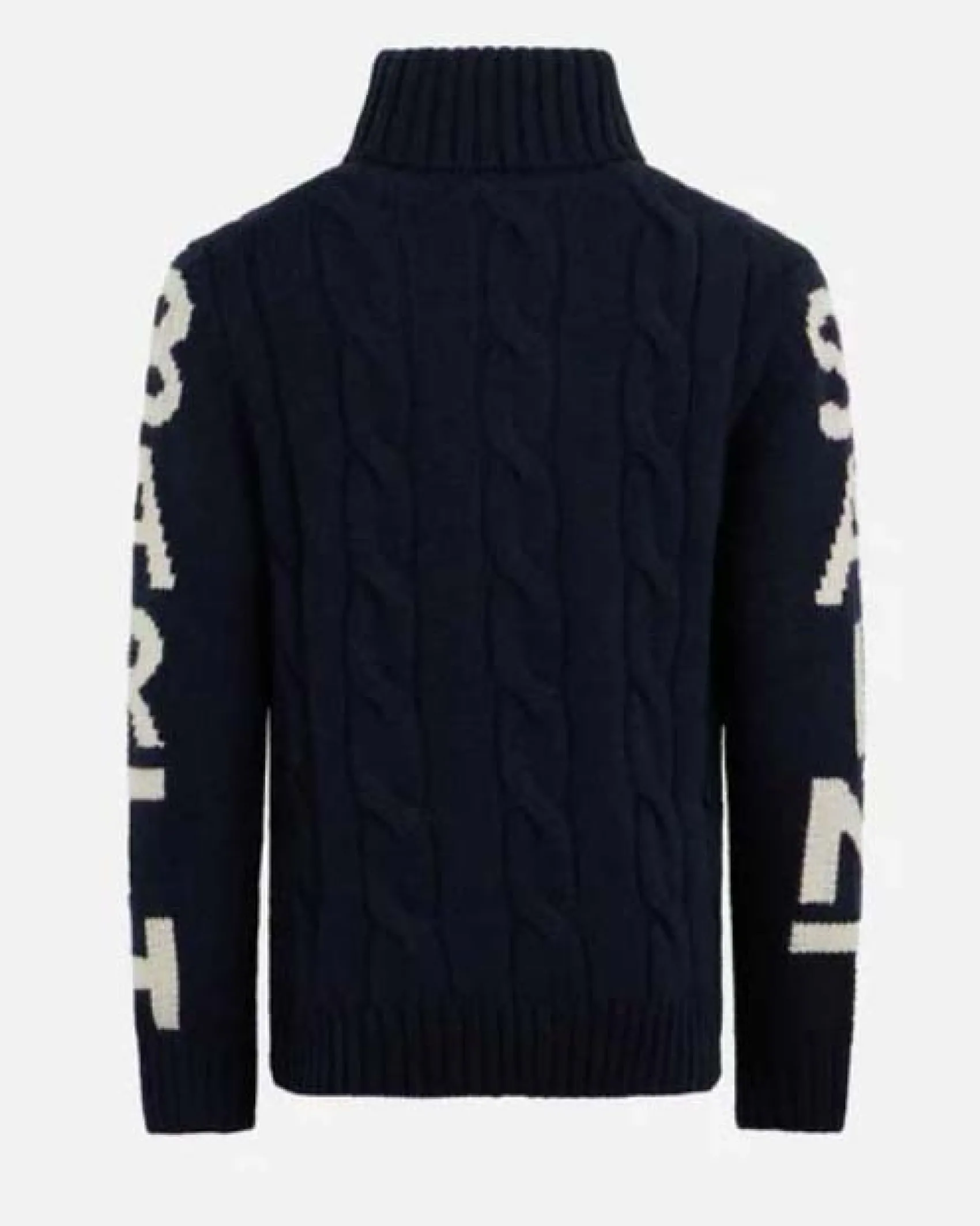 Dolcevita MC2 Saint Barth blu in misto lana e cashmere a trecce con maxi scritta logo sulle maniche