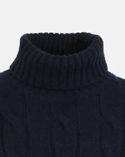 Dolcevita MC2 Saint Barth blu in misto lana e cashmere a trecce con maxi scritta logo sulle maniche