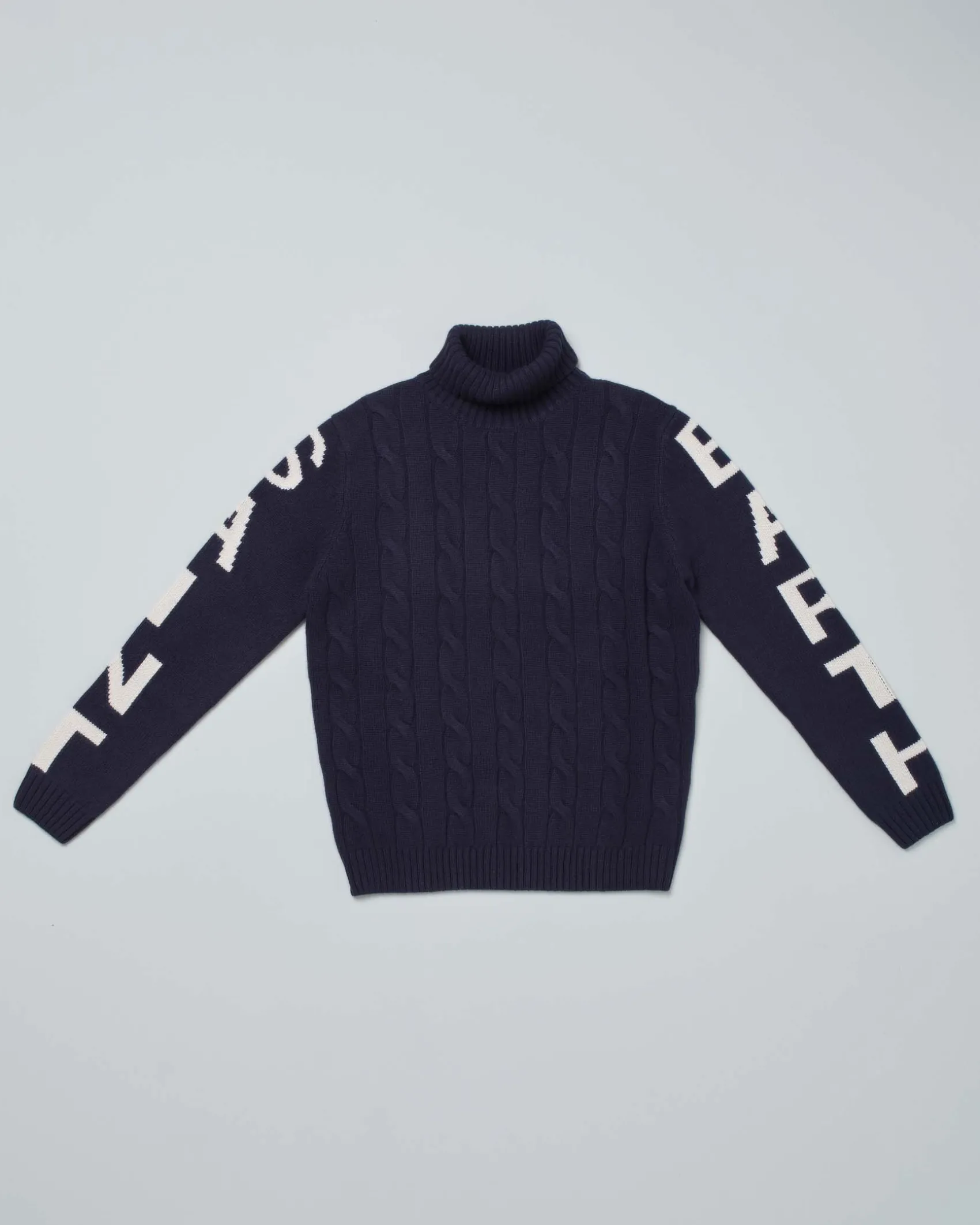 Dolcevita MC2 Saint Barth blu in misto lana e cashmere a trecce con maxi scritta logo sulle maniche