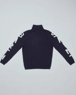 Dolcevita MC2 Saint Barth blu in misto lana e cashmere a trecce con maxi scritta logo sulle maniche
