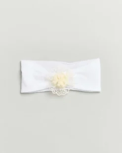 Fascia bianca da neonato con fiore in pizzo panna