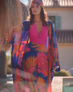 Fascia per capelli blu China One Hundred Stars a fantasia aironi arancioni e fucsia in misto modal e cupro