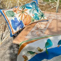 Federa per cuscino rettangolare Mindo in lino con stampa fogliame multicolor
