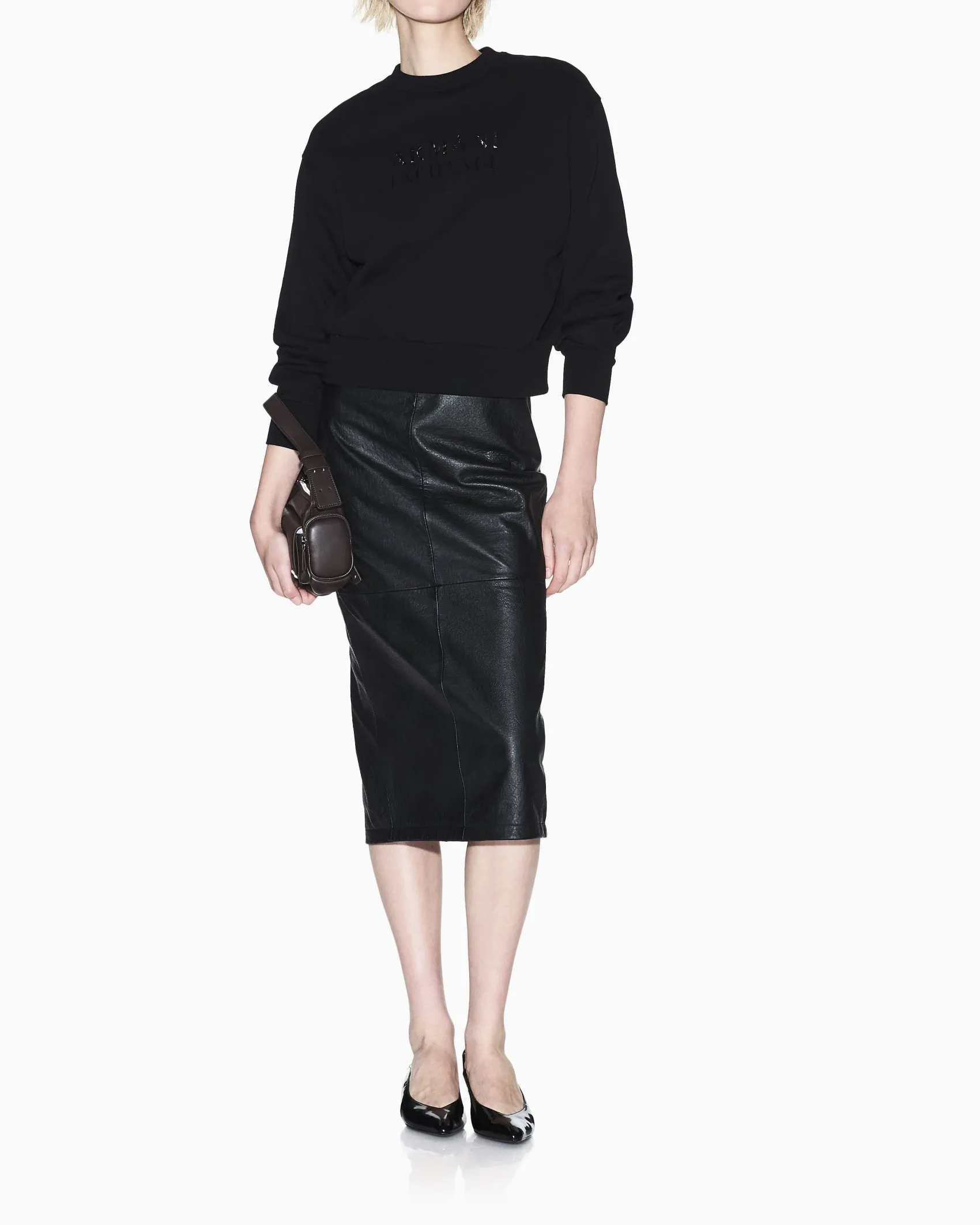 Felpa Armani Exchange nera in cotone con dettagli in maglia elasticizzata