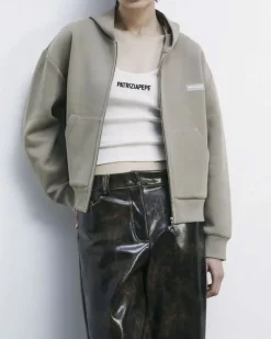 Felpa beige Patrizia Pepe in tessuto scuba in misto cotone con cappuccio e patch logo sul petto