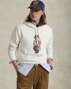 Felpa bianca Polo Ralph Lauren in cotone con cappuccio e maxi stampa Polo Bear frontale