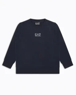 Felpa blu EA7 girocollo in cotone con mini logo stampato