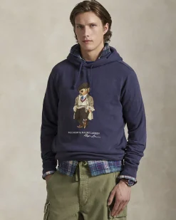 Felpa blu Polo Ralph Lauren in cotone con cappuccio e maxi stampa Polo Bear frontale