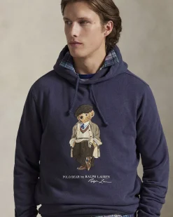 Felpa blu Polo Ralph Lauren in cotone con cappuccio e maxi stampa Polo Bear frontale