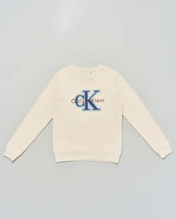 Felpa Calvin Klein beige a maniche lunghe con logo monogram azzurro