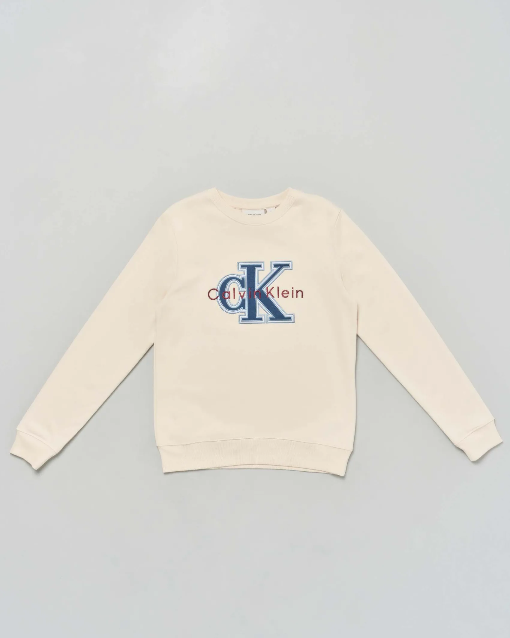 Felpa Calvin Klein beige a maniche lunghe con logo monogram azzurro
