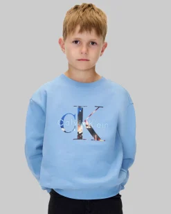 Felpa Calvin Klein celeste in puro cotone a maniche lunghe con logo monogram multicolor