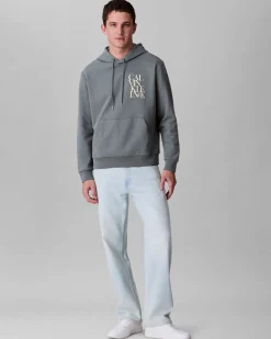 Felpa Calvin Klein Jeans grigia in misto cotone con cappuccio e logo stampato sul petto