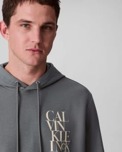 Felpa Calvin Klein Jeans grigia in misto cotone con cappuccio e logo stampato sul petto