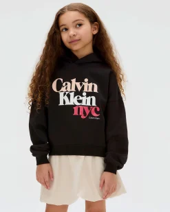 Felpa Calvin Klein nera con cappuccio e logo scritta multicolor