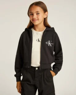 Felpa Calvin Klein nera cropped in cotone con zip e cappuccio