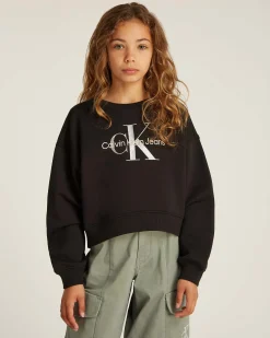 Felpa Calvin Klein nera cropped in cotone con logo argento glitterato