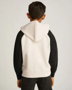 Felpa Calvin Klein panna in cotone con cappuccio e maniche nere in contrasto