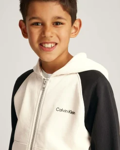 Felpa Calvin Klein panna in cotone con cappuccio e maniche nere in contrasto