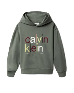 Felpa Calvin Klein verde militare a maniche lunghe con cappuccio e logo multicolor