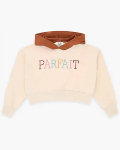 Felpa cropped Dixie in puro cotone beige con scritta 'Parfait' multicolor e cappuccio