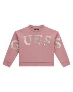 Felpa cropped Guess rosa antico con scritta logo oro paiettata