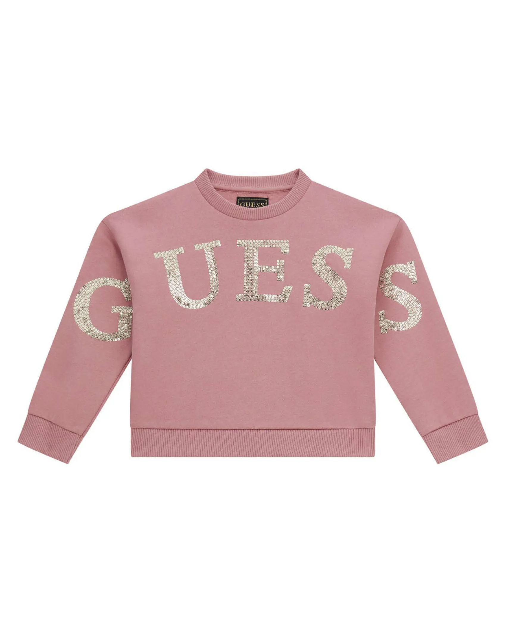 Felpa cropped Guess rosa antico con scritta logo oro paiettata