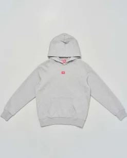Felpa Diesel grigia a maniche lunghe con cappuccio e mini logo rosso sul petto