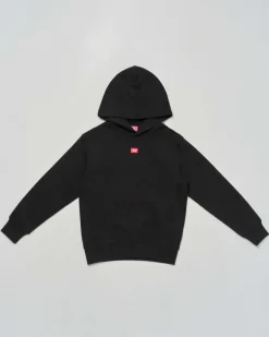 Felpa Diesel nera a maniche lunghe con cappuccio e mini logo rosso sul petto