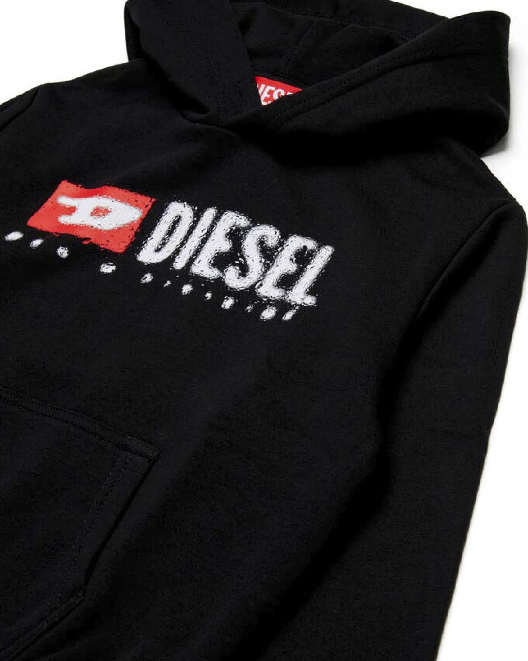 Felpa Diesel nera con cappuccio e stampa logo effetto pioggia