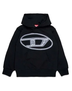 Felpa Diesel nera in cotone con cappuccio e maxi logo D effetto vintage