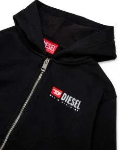 Felpa Diesel nera in cotone con cappuccio zip e logo effetto pioggia
