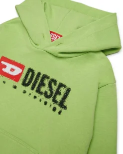 Felpa Diesel verde mela con cappuccio e stampa logo effetto pioggia