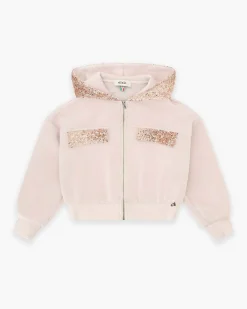 Felpa Dixie beige con cappuccio in pailettes e apertura zip