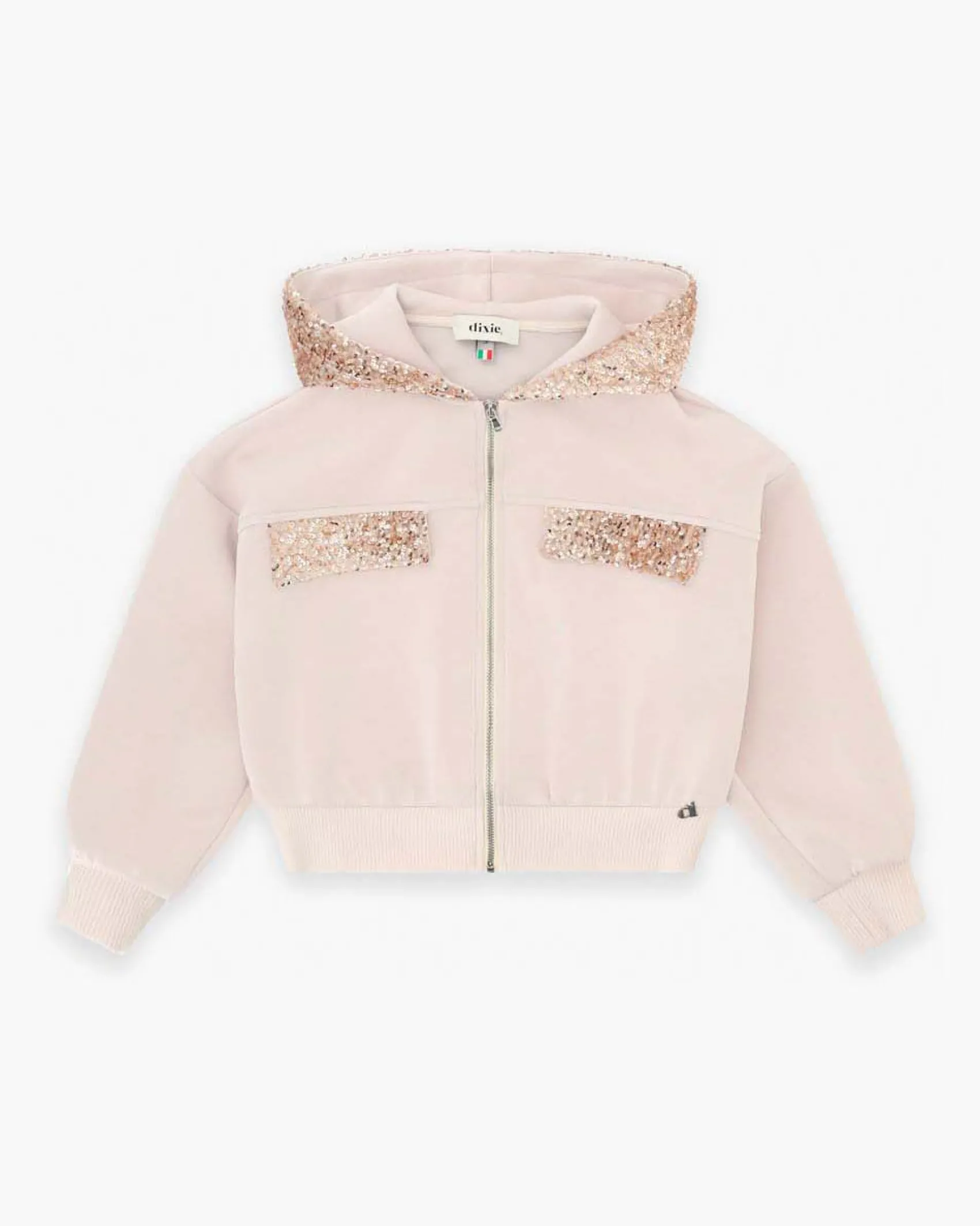 Felpa Dixie beige con cappuccio in pailettes e apertura zip