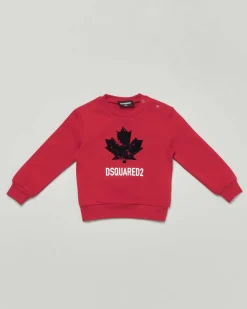 Felpa Dsquared2 rossa in puro cotone con foglia logo nera