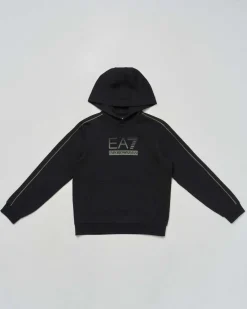 Felpa EA7 nera con cappuccio e logo monogram verde
