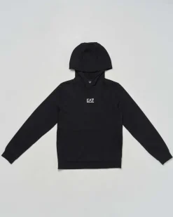 Felpa EA7 nera con cappuccio e logo monogram bianco