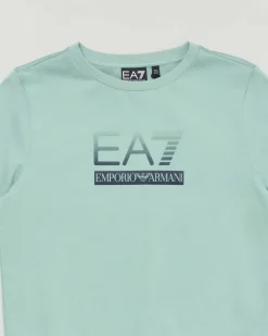 Felpa EA7 verde acqua in cotone garzato girocollo con logo icon