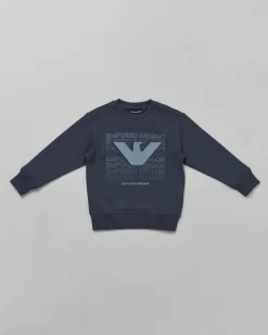 Felpa Emporio Armani blu in cotone con stampa scritta logo aquila avio