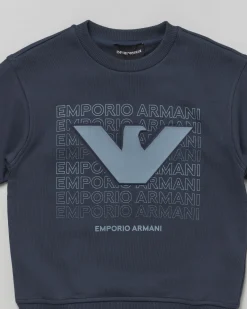 Felpa Emporio Armani blu in cotone con stampa scritta logo aquila avio