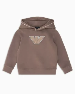 Felpa Emporio Armani color tortora con cappuccio e maxi logo aquila ricamato