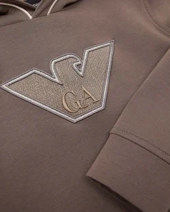 Felpa Emporio Armani color tortora con cappuccio e maxi logo aquila ricamato