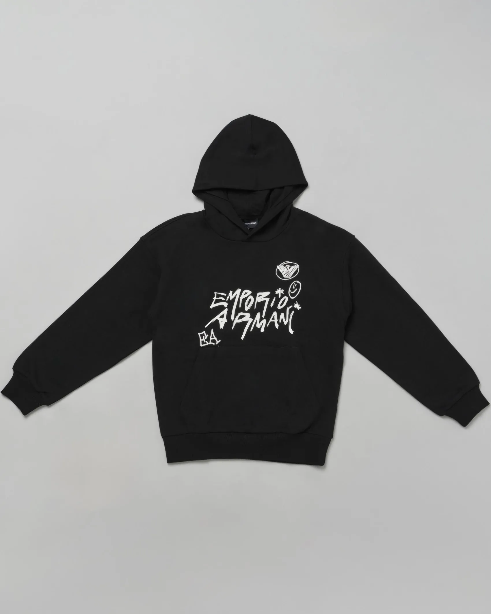 Felpa Emporio Armani in cotone nero con cappuccio e stampa bianca graffiti