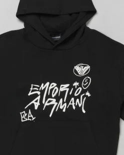 Felpa Emporio Armani in cotone nero con cappuccio e stampa bianca graffiti