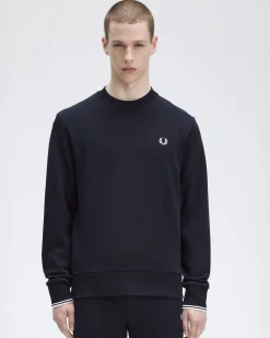 Felpa Fred Perry blu girocollo con bordino bianco sulla manica